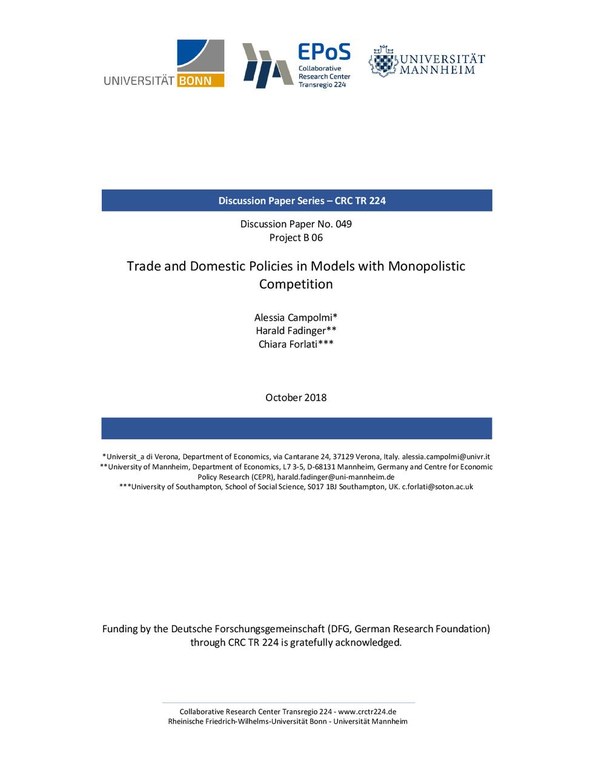 Trade and Domestic Policies in Models with Monopolistic Competition