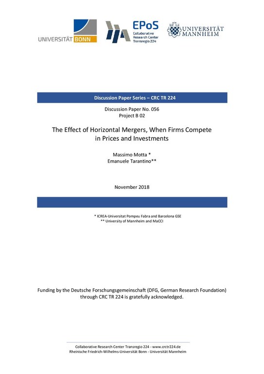 The Effect of Horizontal Mergers, When Firms Compete in Prices and Investments