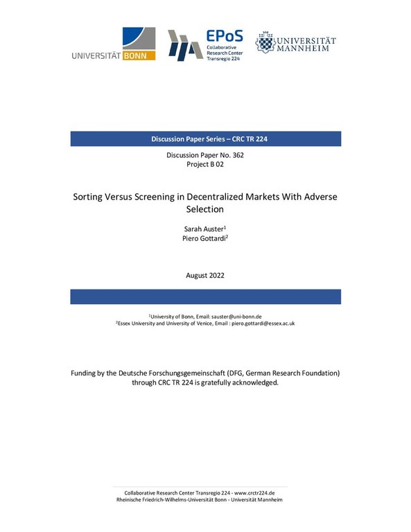 Sorting Versus Screening in Decentralized Markets with Adverse Selection