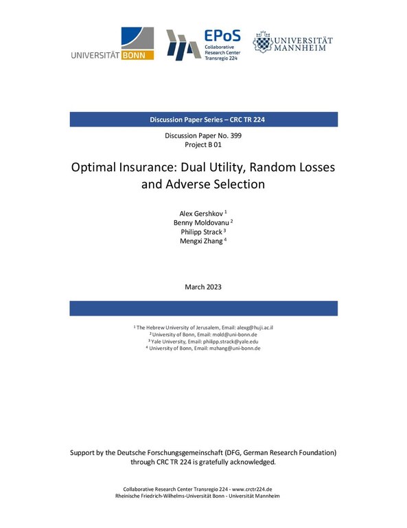 Optimal Insurance: Dual Utility, Random Losses and Adverse Selection