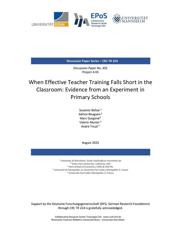 When Effective Teacher Training Falls Short in the  Classroom: Evidence from an Experiment in  Primary Schools