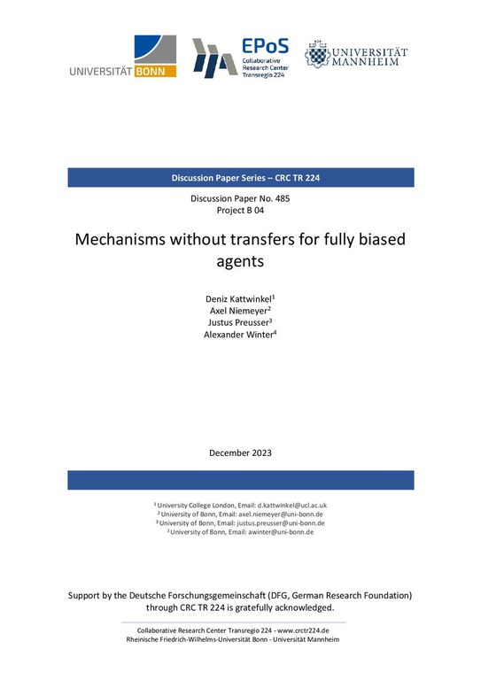 Mechanisms without Transfers for Fully Biased  Agents