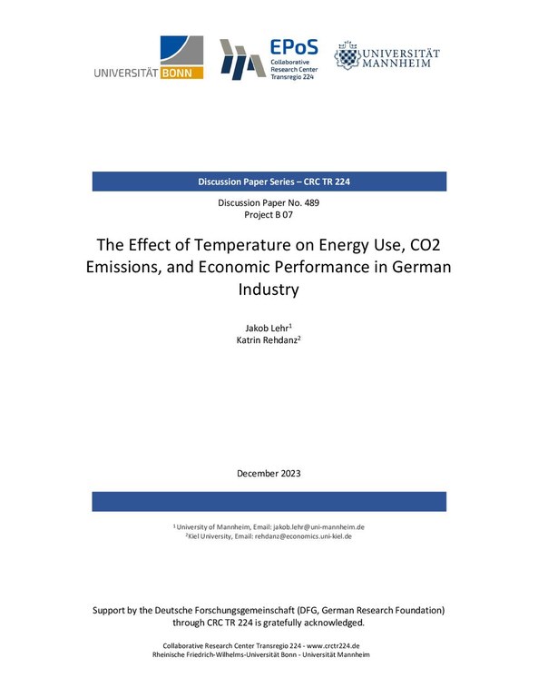 The Effect of Temperature on Energy Use, CO2 Emissions, and Economic Performance in German Industry