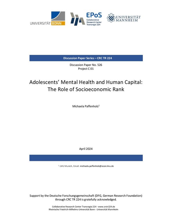 Adolescents’ Mental Health and Human Capital: The Role of Socioeconomic Rank